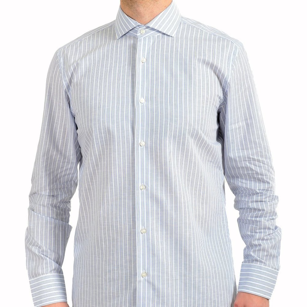 Hugo Boss Men's Jason Multi-Color Slim Fit Striped Linen Long Sleeve Dress Shirt